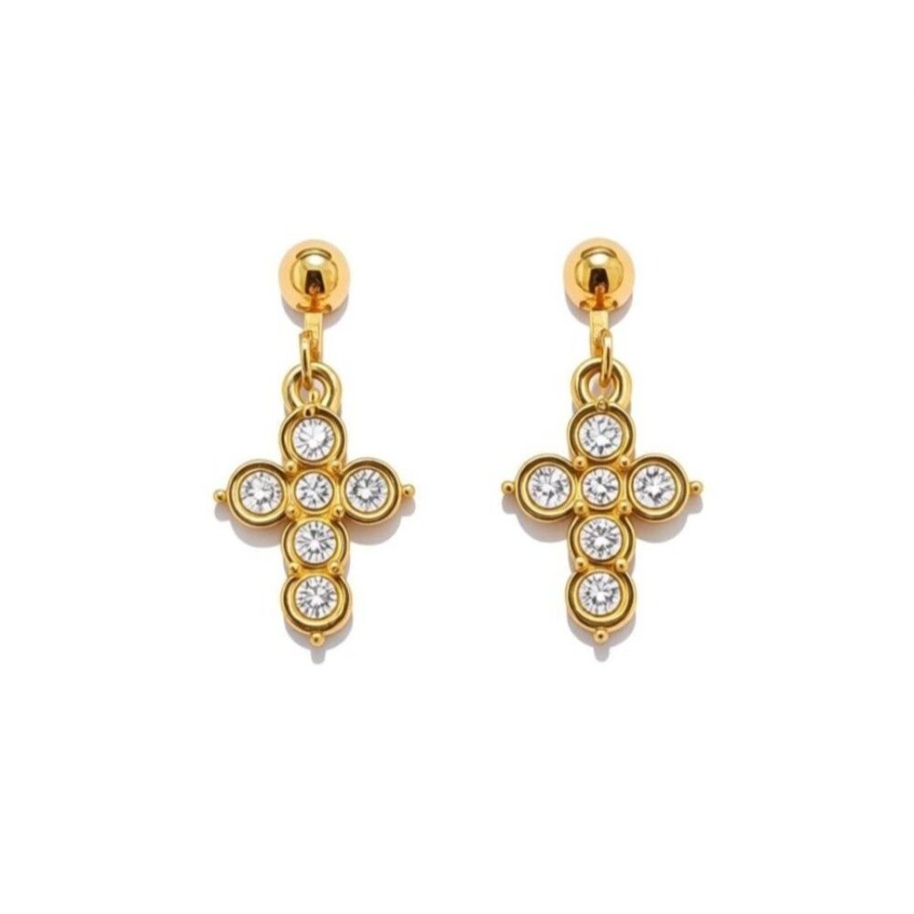 Gold-Tone Cross Dangle Clip-On Earrings With Clear Crystals